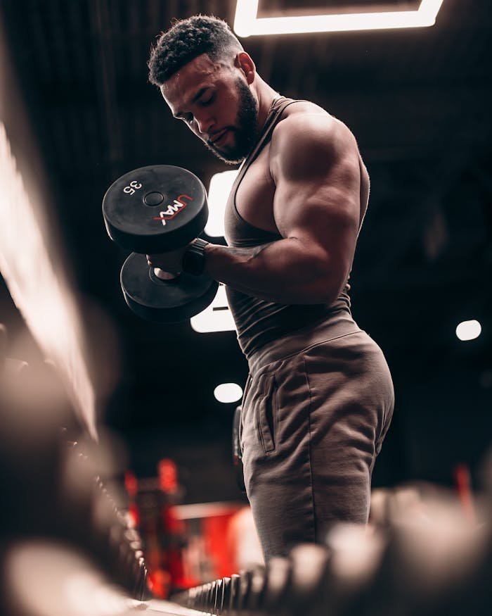 Side view of a muscular man lifting a dumbbell in a gym setting.