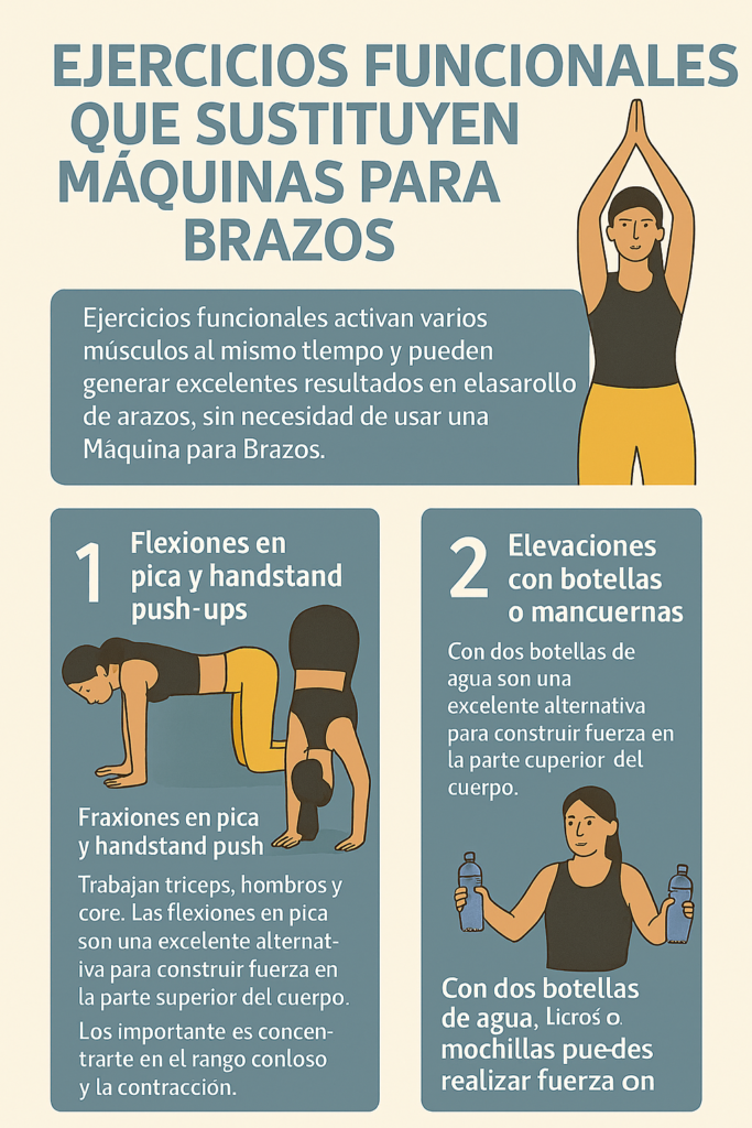 Ejercicios Funcionales que sustituyen Máquina para Brazos (Flexiones en Pica y Handstand push-Ups). Elevaciones con Botellas o Mancuernas Caseras