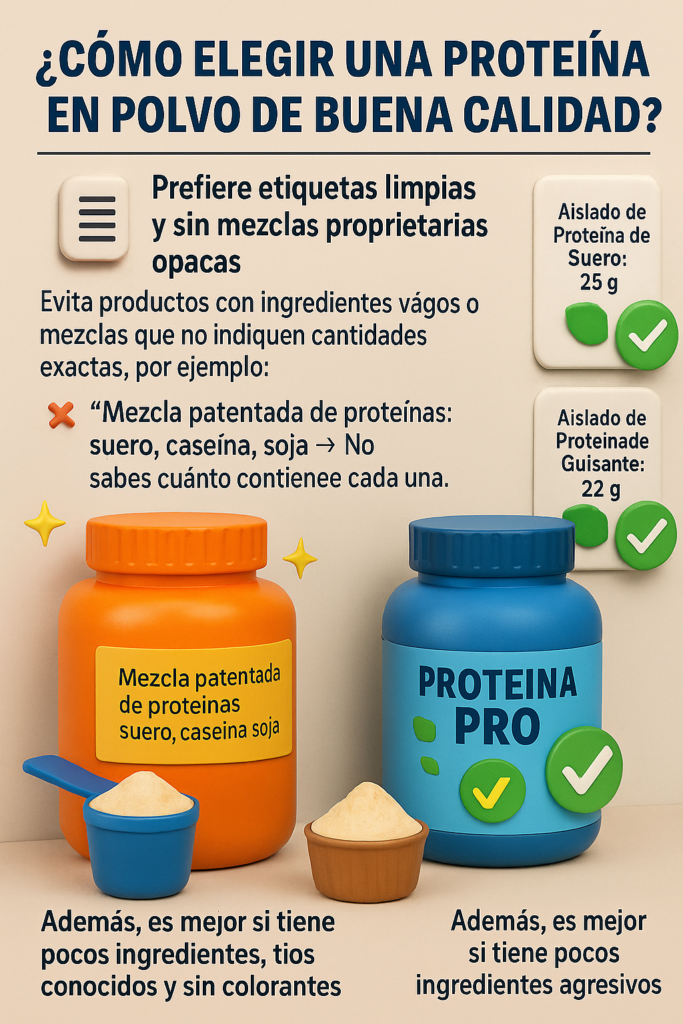 Proteina en POlvo como elkegir una proteína de buena calidad . prefiere etiquetas limpias sin mezclas propietarias opacas