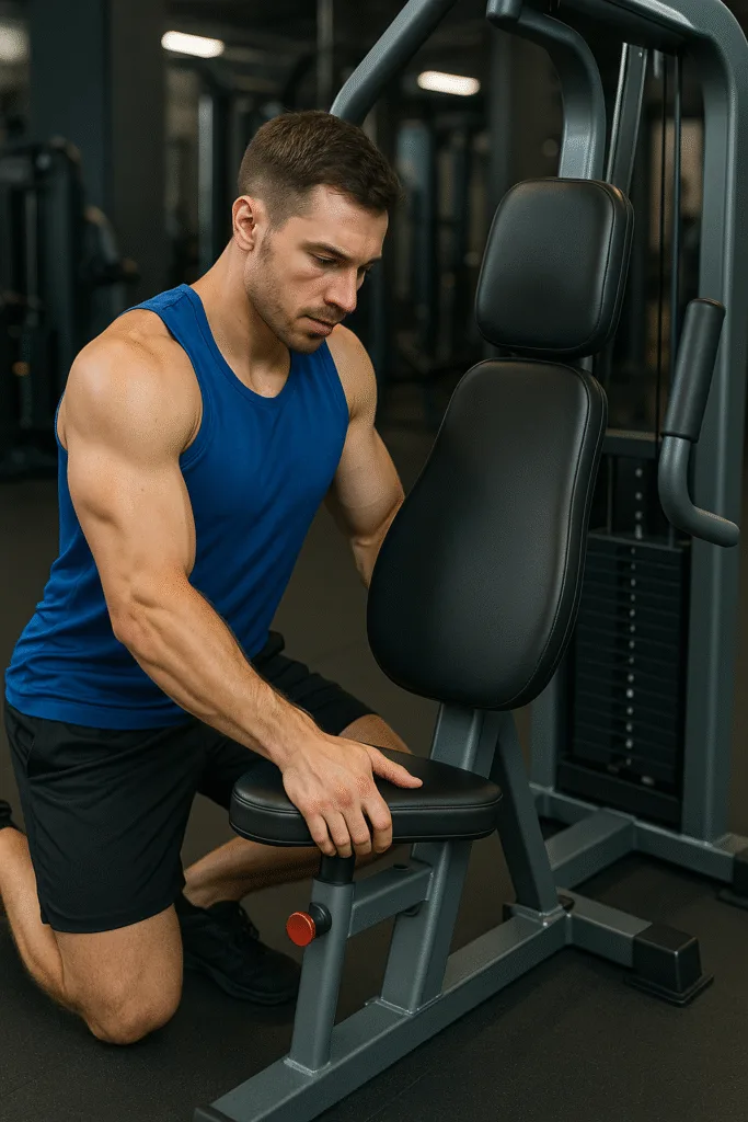 Asiento y respaldo de la máquina de pecho Pec Deck ajustados a la altura del pectoral para una postura correcta