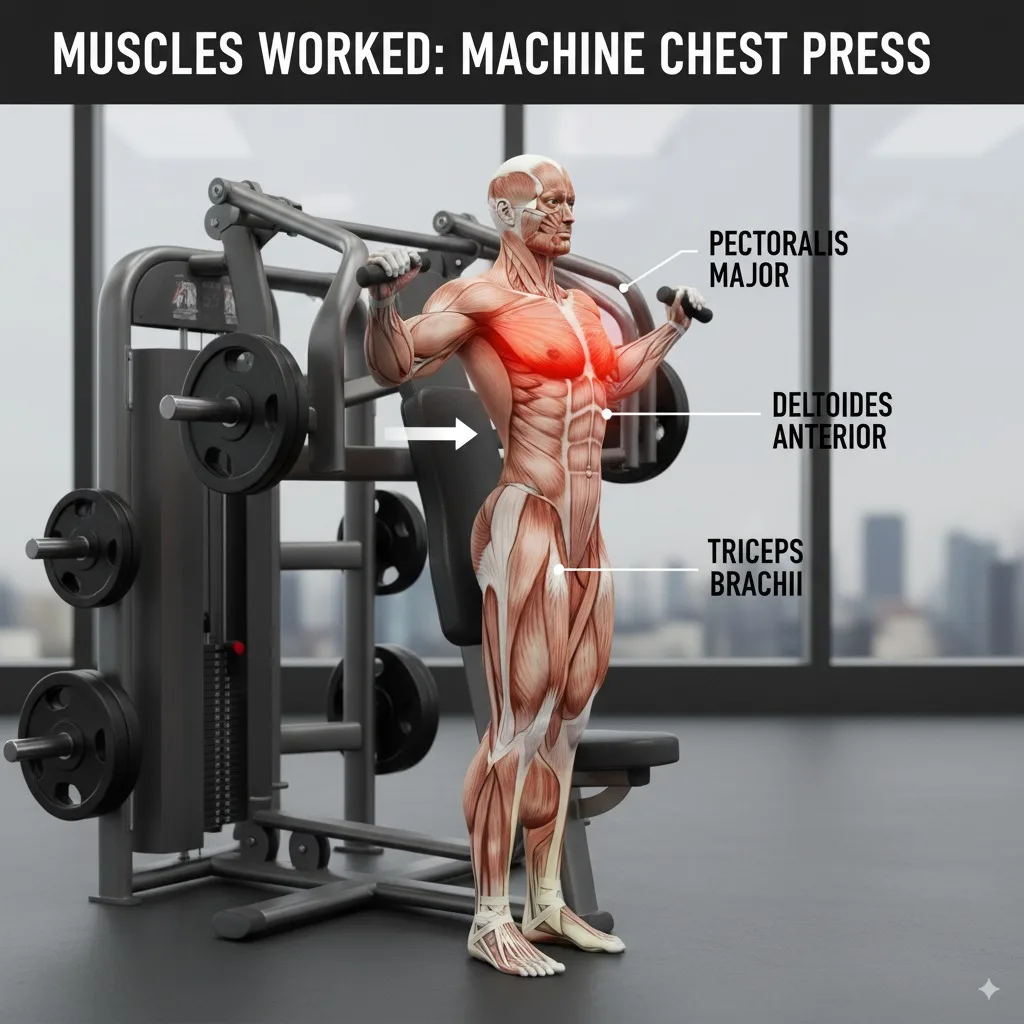 Músculos trabajados en el press de pecho en máquina: pectoral mayor, deltoides anterior y tríceps braquial
